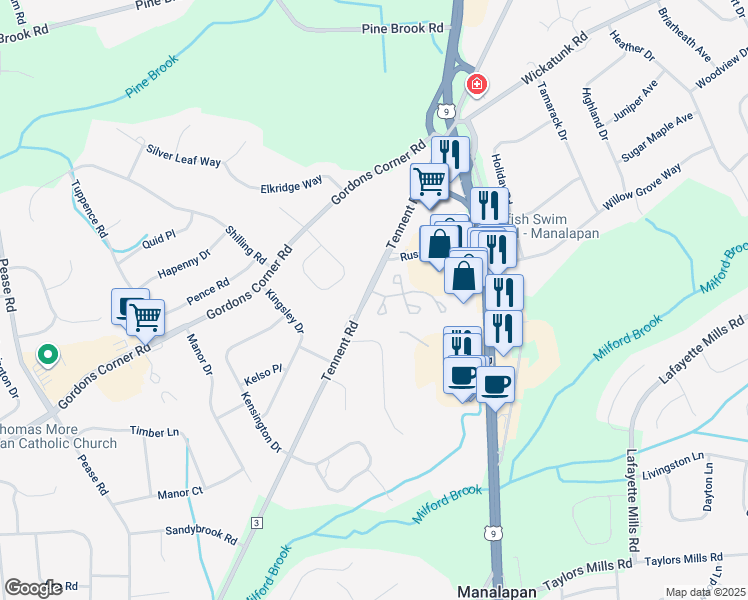 map of restaurants, bars, coffee shops, grocery stores, and more near 102 Wellington Court in Manalapan Township