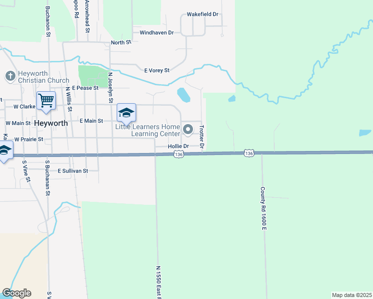 map of restaurants, bars, coffee shops, grocery stores, and more near 901 Hollie Drive in Heyworth