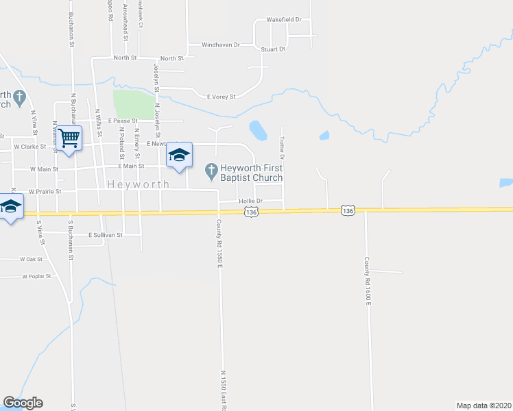 map of restaurants, bars, coffee shops, grocery stores, and more near 901 Hollie Drive in Heyworth