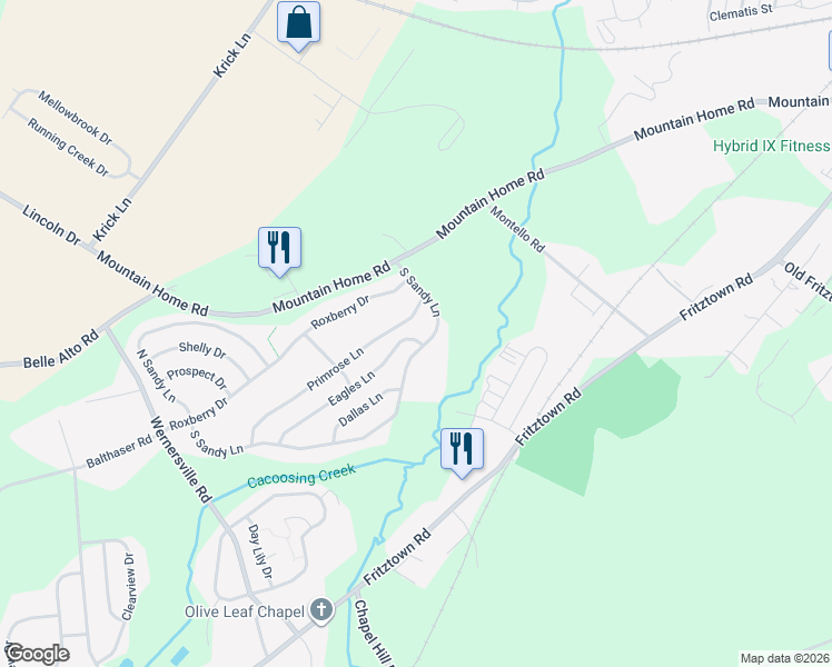 map of restaurants, bars, coffee shops, grocery stores, and more near 3 Eagles Lane in Sinking Spring