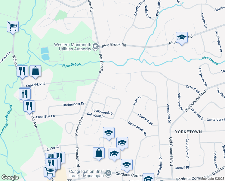 map of restaurants, bars, coffee shops, grocery stores, and more near 21 Pension Hill Road in Manalapan Township