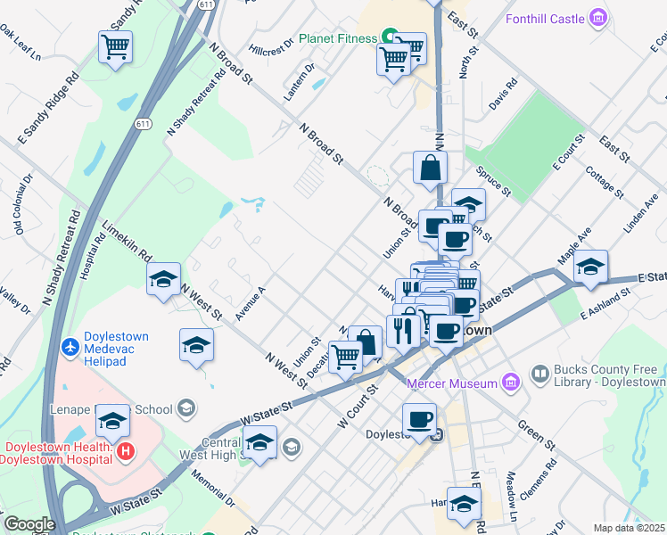map of restaurants, bars, coffee shops, grocery stores, and more near 205 North Hamilton Street in Doylestown