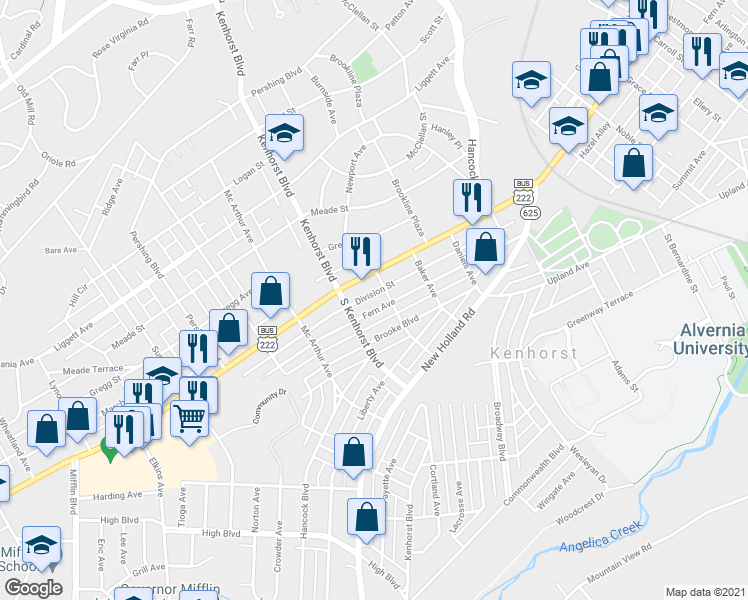 map of restaurants, bars, coffee shops, grocery stores, and more near 1217 Fern Avenue in Reading