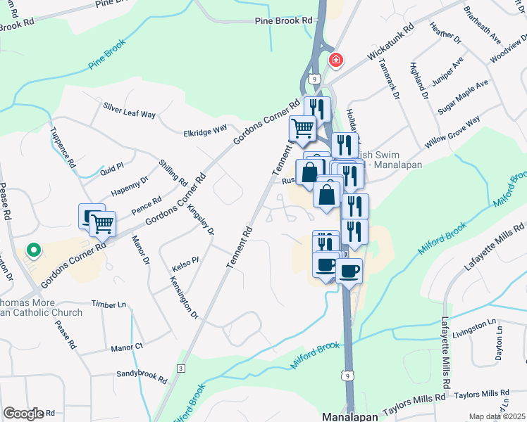 map of restaurants, bars, coffee shops, grocery stores, and more near 102 Wellington Court in Manalapan Township