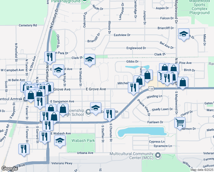 map of restaurants, bars, coffee shops, grocery stores, and more near 204 Illinois Drive in Rantoul