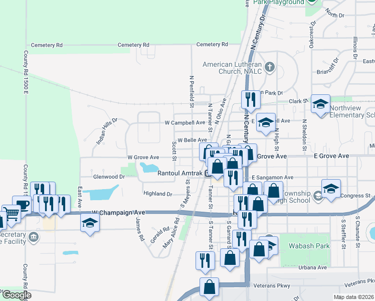 map of restaurants, bars, coffee shops, grocery stores, and more near 211 North Penfield Street in Rantoul