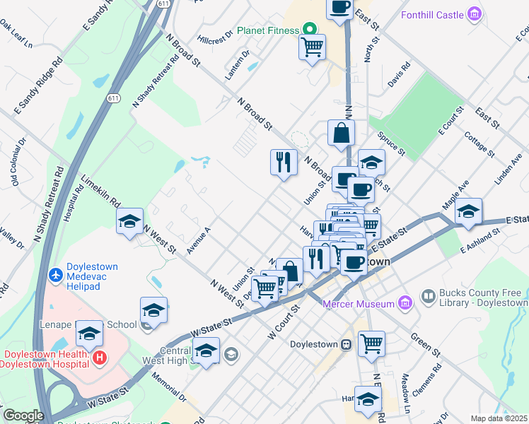map of restaurants, bars, coffee shops, grocery stores, and more near 205 North Hamilton Street in Doylestown