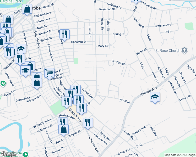 map of restaurants, bars, coffee shops, grocery stores, and more near 1717 Wood Street in Latrobe