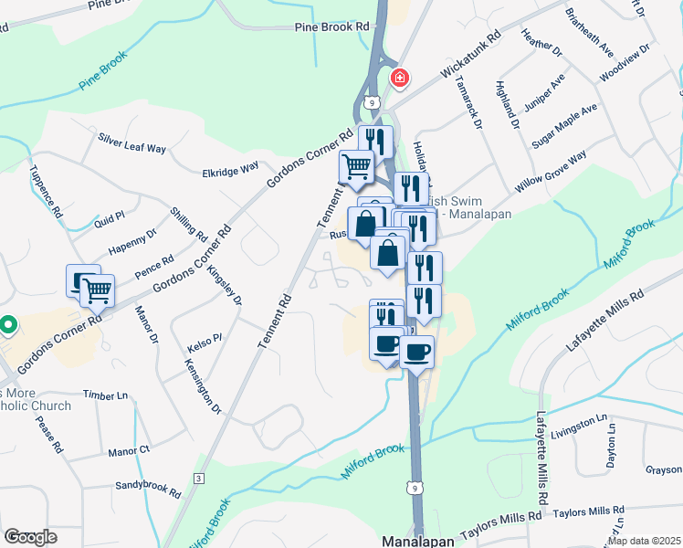 map of restaurants, bars, coffee shops, grocery stores, and more near 237 Paddington Court in Manalapan Township