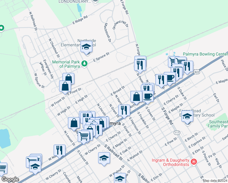 map of restaurants, bars, coffee shops, grocery stores, and more near 204 North Harrison Street in Palmyra