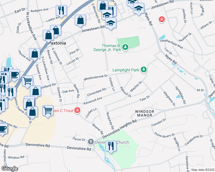 map of restaurants, bars, coffee shops, grocery stores, and more near 5738 Cloverdale Road in Harrisburg