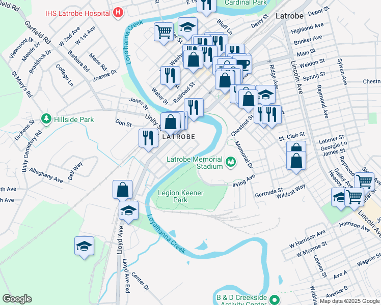 map of restaurants, bars, coffee shops, grocery stores, and more near 117 River Avenue in Latrobe