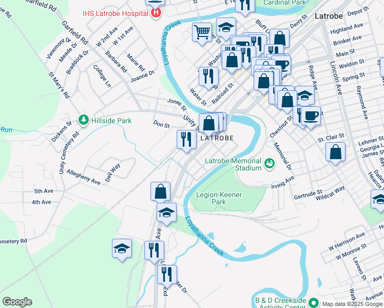 map of restaurants, bars, coffee shops, grocery stores, and more near 228 Lloyd Avenue in Latrobe