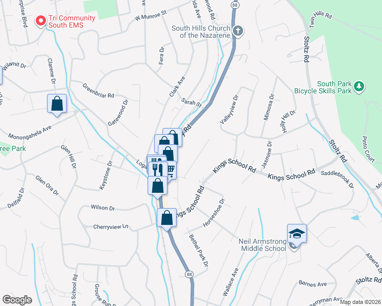 map of restaurants, bars, coffee shops, grocery stores, and more near 5748 Smith Drive in Bethel Park