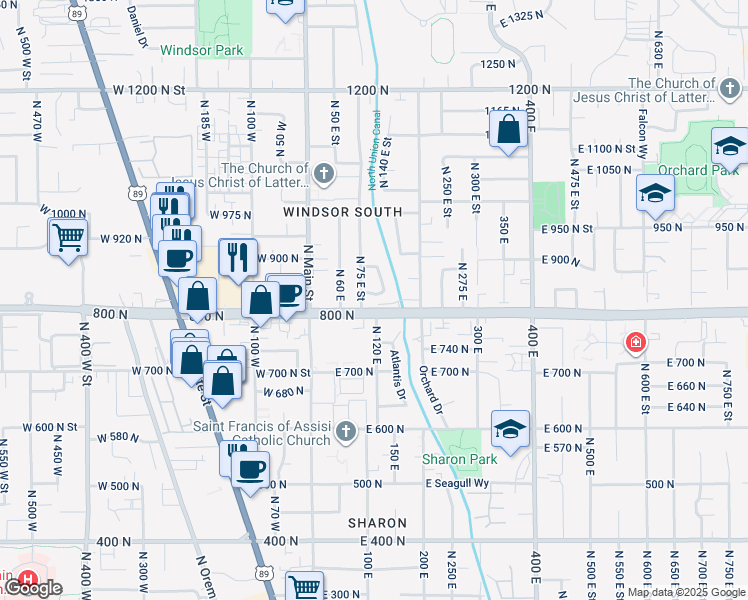 map of restaurants, bars, coffee shops, grocery stores, and more near 820 Memmo Drive in Orem