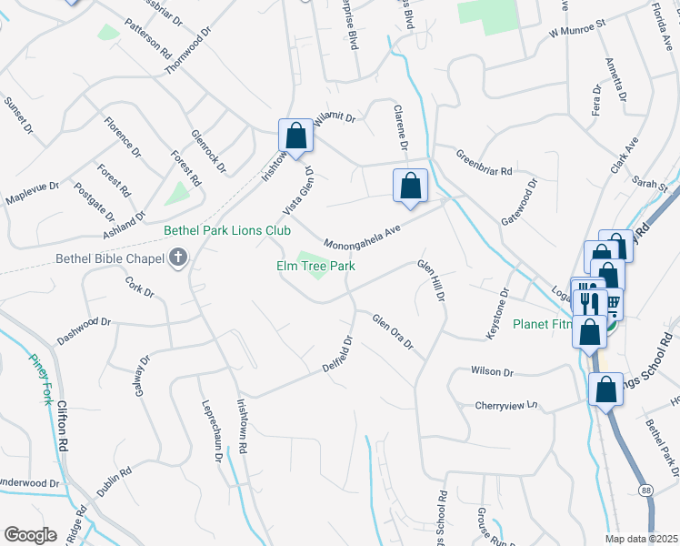 map of restaurants, bars, coffee shops, grocery stores, and more near 1263 Delfield Drive in Bethel Park