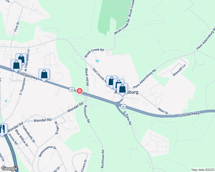 map of restaurants, bars, coffee shops, grocery stores, and more near 221 Main Street in Adamsburg