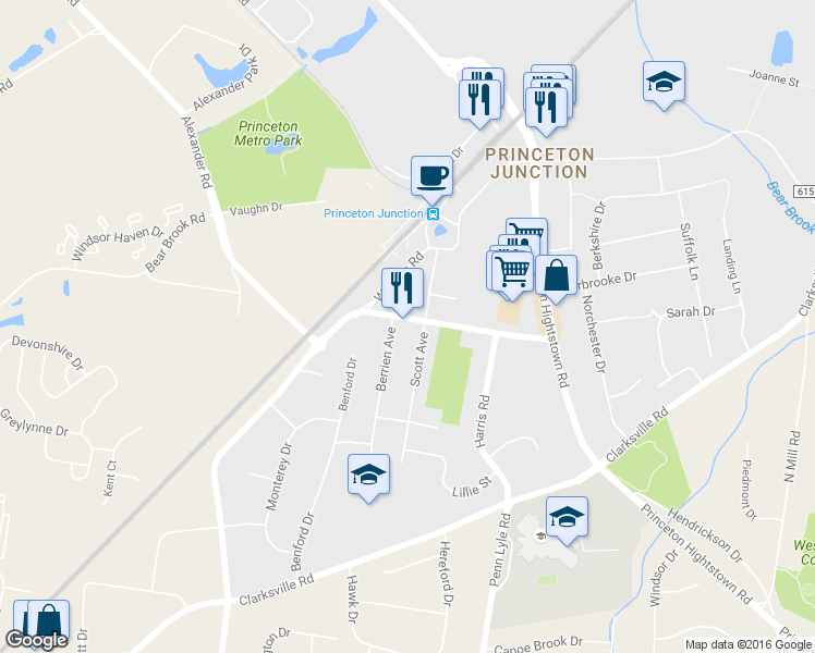 map of restaurants, bars, coffee shops, grocery stores, and more near 950 Alexander Rd in West Windsor Township
