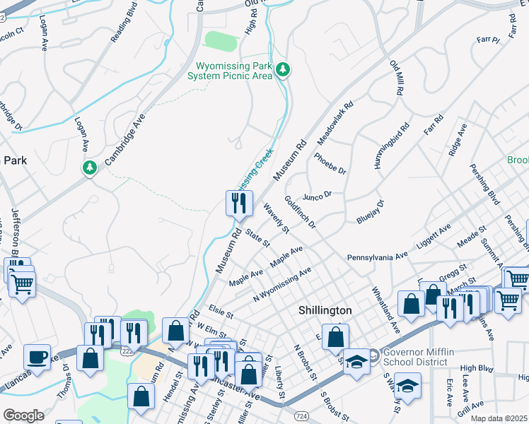 map of restaurants, bars, coffee shops, grocery stores, and more near 712 N Waverly St in Shillington