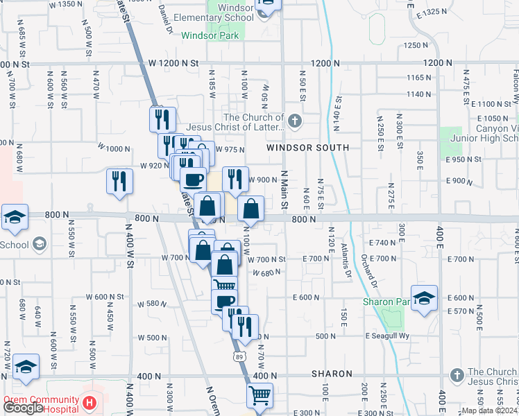 map of restaurants, bars, coffee shops, grocery stores, and more near 825 50 East in Orem