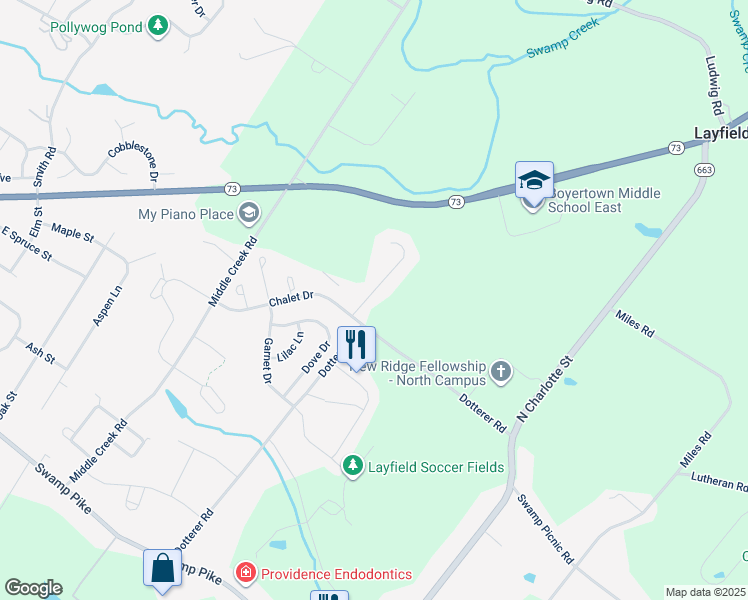 map of restaurants, bars, coffee shops, grocery stores, and more near 104 Wrenfield Lane in Gilbertsville