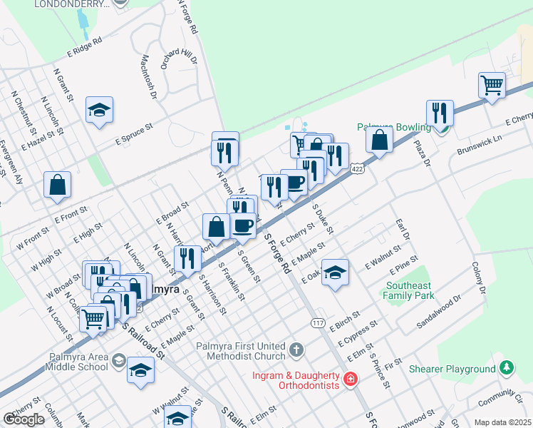 map of restaurants, bars, coffee shops, grocery stores, and more near 717 East Main Street in Palmyra