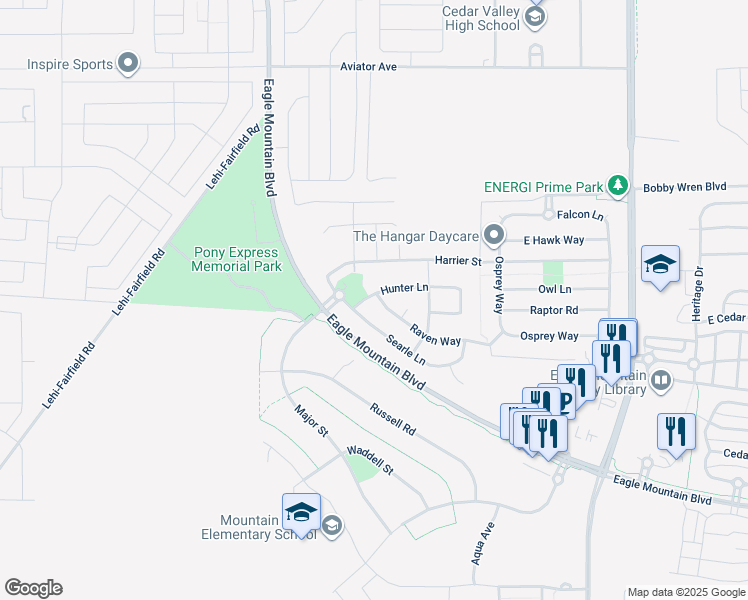 map of restaurants, bars, coffee shops, grocery stores, and more near 1036 Raven Way in Eagle Mountain