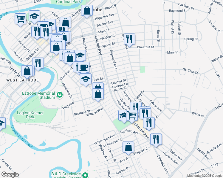 map of restaurants, bars, coffee shops, grocery stores, and more near 604 James Street in Latrobe