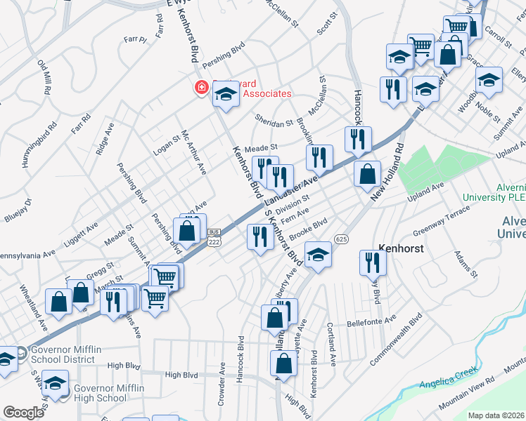map of restaurants, bars, coffee shops, grocery stores, and more near 1300 Lancaster Avenue in Reading