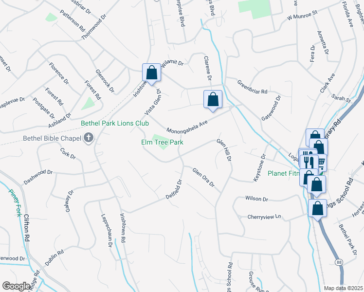 map of restaurants, bars, coffee shops, grocery stores, and more near 1266 Delfield Drive in Bethel Park