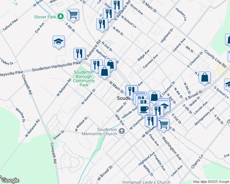 map of restaurants, bars, coffee shops, grocery stores, and more near 13 Diamond Street in Souderton