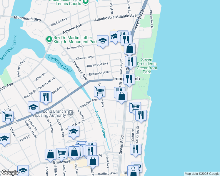 map of restaurants, bars, coffee shops, grocery stores, and more near 138 Sampson Place in Long Branch