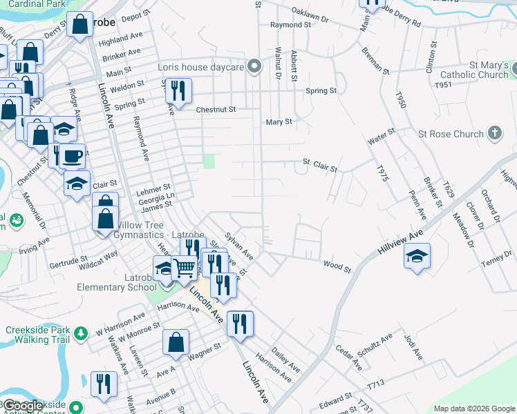 map of restaurants, bars, coffee shops, grocery stores, and more near 1717 Wood Street in Latrobe