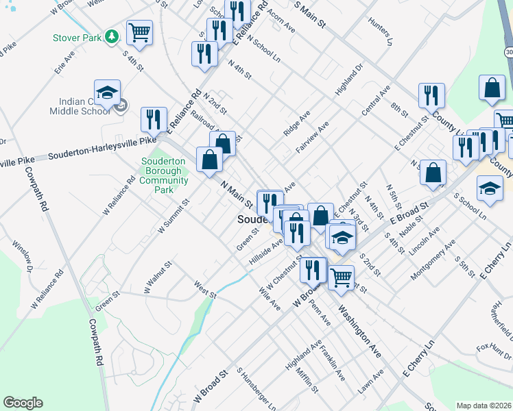 map of restaurants, bars, coffee shops, grocery stores, and more near 211 North Main Street in Souderton