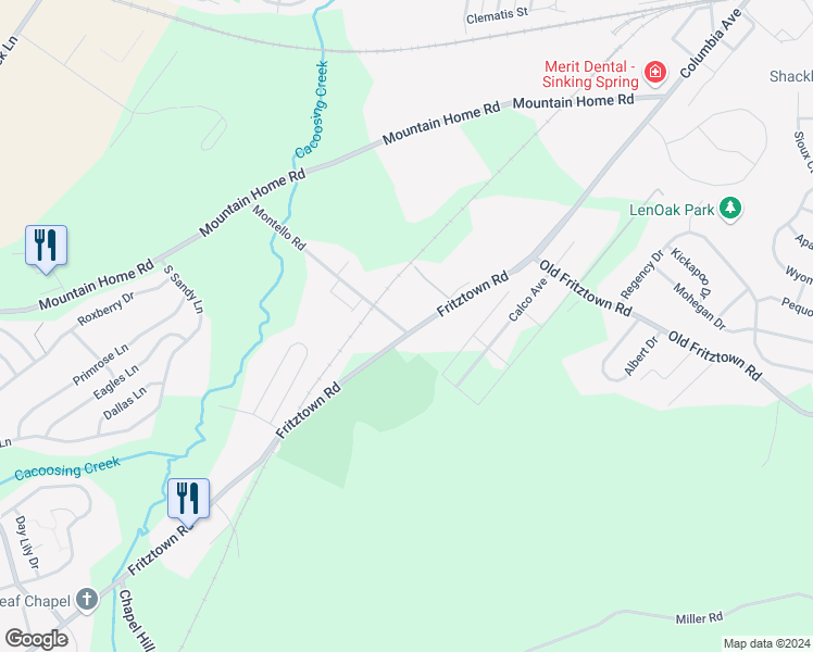 map of restaurants, bars, coffee shops, grocery stores, and more near 595 Fritztown Road in Sinking Spring