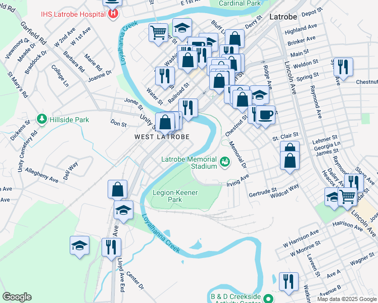 map of restaurants, bars, coffee shops, grocery stores, and more near 117 River Avenue in Latrobe