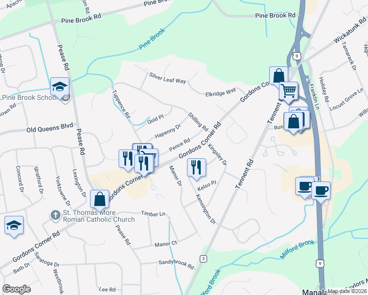 map of restaurants, bars, coffee shops, grocery stores, and more near 13 Pence Road in Manalapan Township