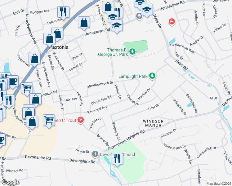 map of restaurants, bars, coffee shops, grocery stores, and more near 5738 Cloverdale Rd in Harrisburg