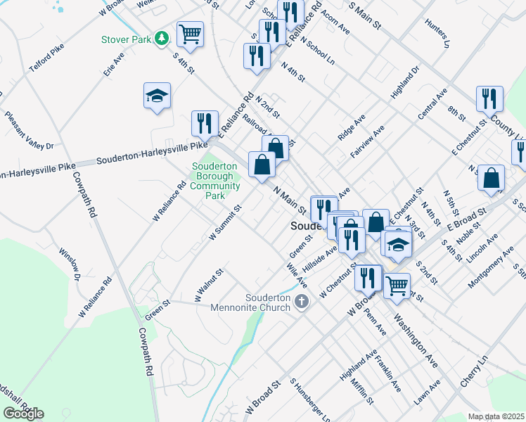 map of restaurants, bars, coffee shops, grocery stores, and more near 33 W Walnut St in Souderton