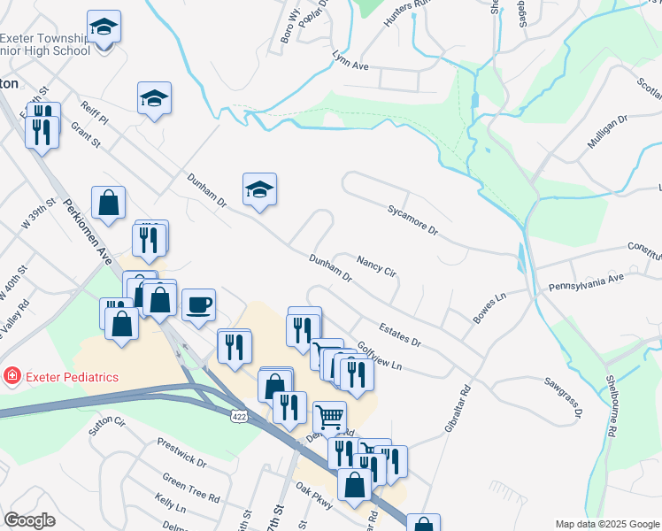 map of restaurants, bars, coffee shops, grocery stores, and more near 4355 Dunham Drive in Reading