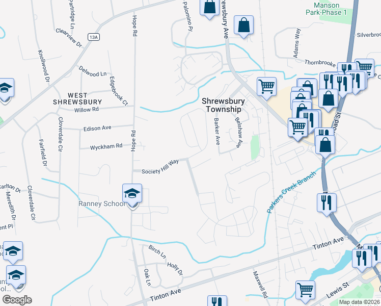 map of restaurants, bars, coffee shops, grocery stores, and more near 78 Society Hill Way in Tinton Falls