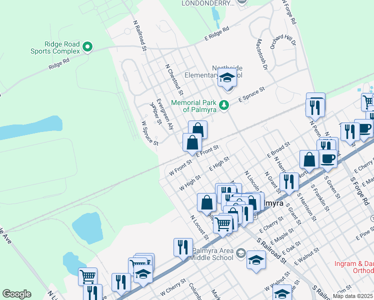 map of restaurants, bars, coffee shops, grocery stores, and more near 359 North Railroad Street in Palmyra