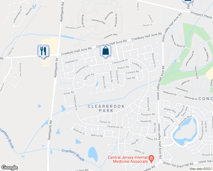 map of restaurants, bars, coffee shops, grocery stores, and more near 286A Tabor Road in Monroe Township