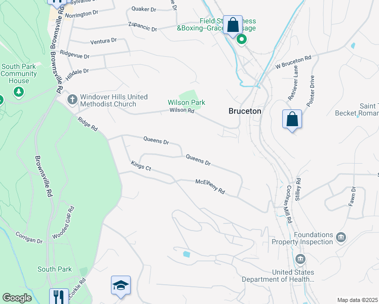 map of restaurants, bars, coffee shops, grocery stores, and more near 1700 Queens Drive in South Park Township