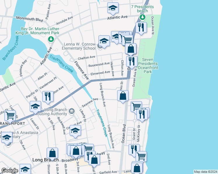 map of restaurants, bars, coffee shops, grocery stores, and more near 138 Sampson Pl in Long Branch