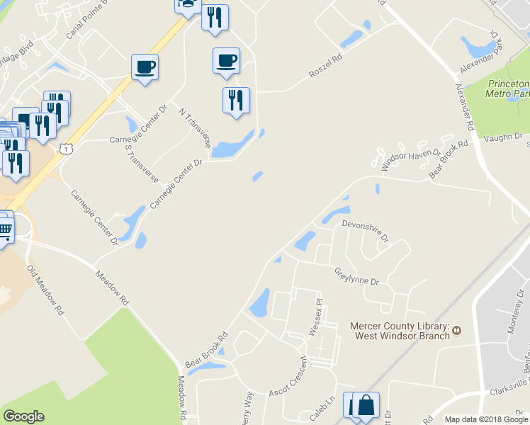 map of restaurants, bars, coffee shops, grocery stores, and more near 102 Bear Brook Road in Princeton