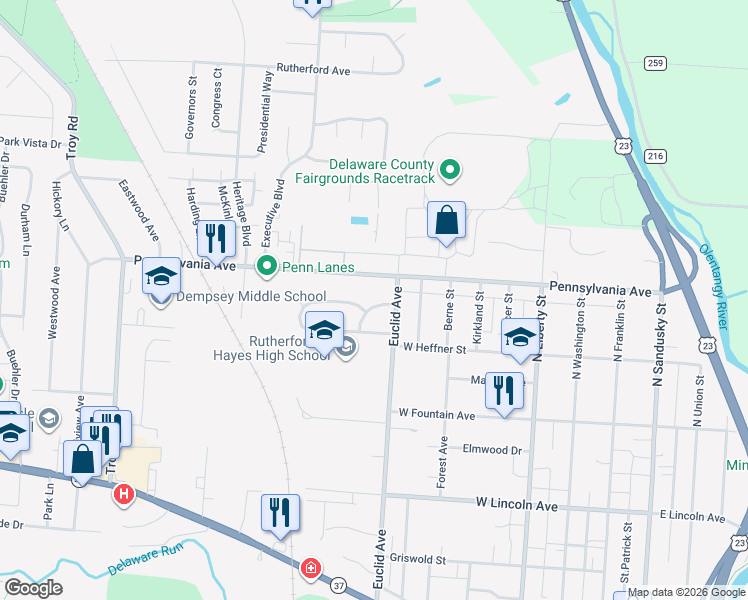map of restaurants, bars, coffee shops, grocery stores, and more near 32 Coventry Road in Delaware