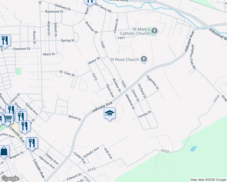 map of restaurants, bars, coffee shops, grocery stores, and more near 33 Penn Ave in Latrobe