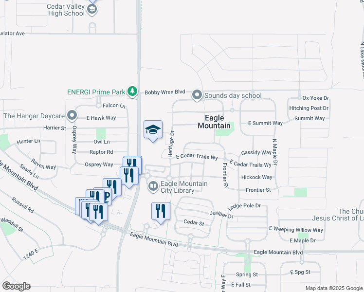 map of restaurants, bars, coffee shops, grocery stores, and more near 4485 North Boulder Street in Eagle Mountain