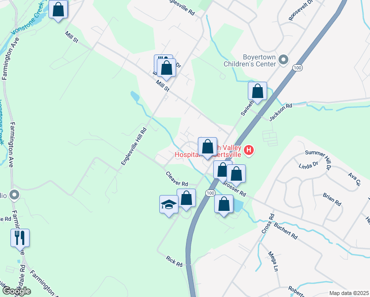 map of restaurants, bars, coffee shops, grocery stores, and more near 63 Brookside Court in Boyertown